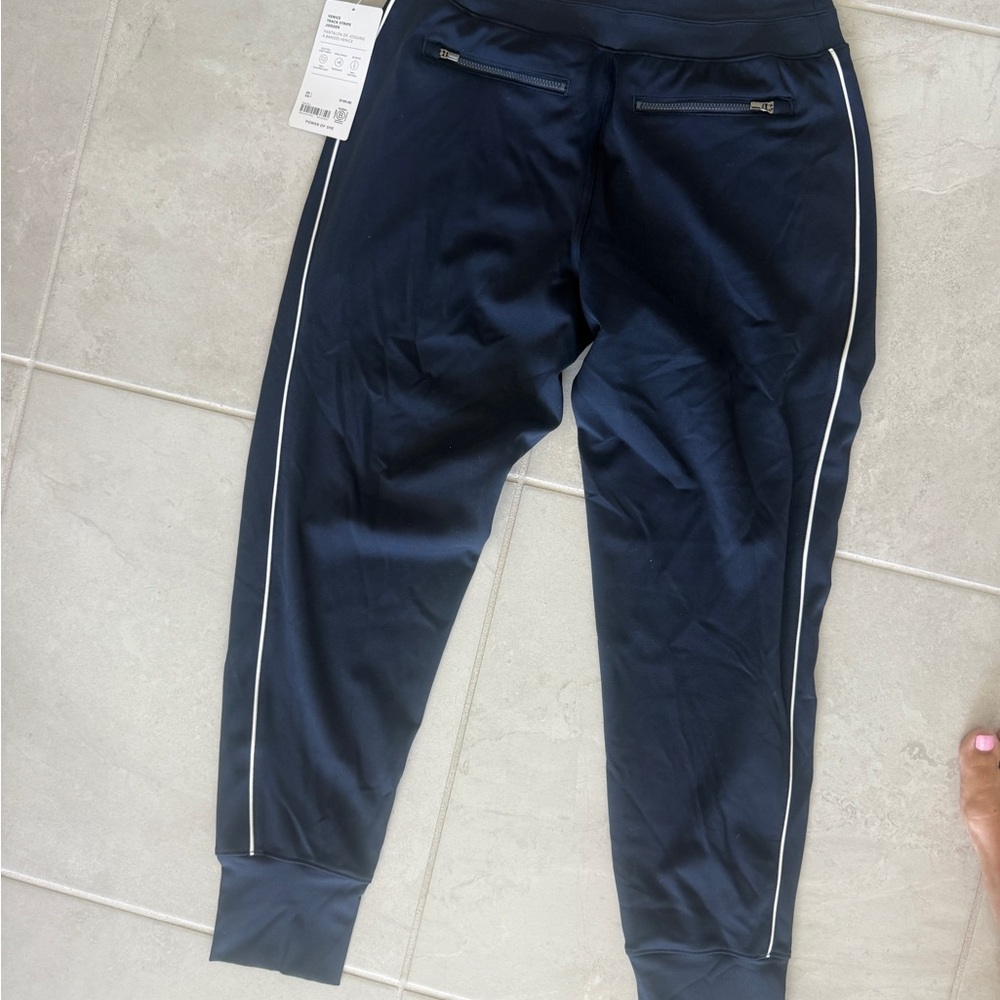 Athleta Navy Track Pants with White Accents